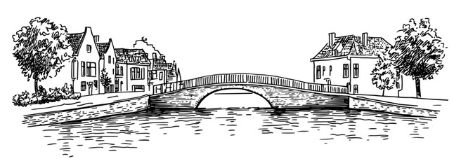 Fototapeta premium small bridge in Bruges reflecting in the water doodle hatching vector sketch