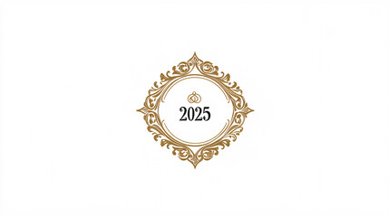 Naklejka premium an elegant symmetrical gold emblem with intricate detailing framing the year 2025 on a minimalist white background 