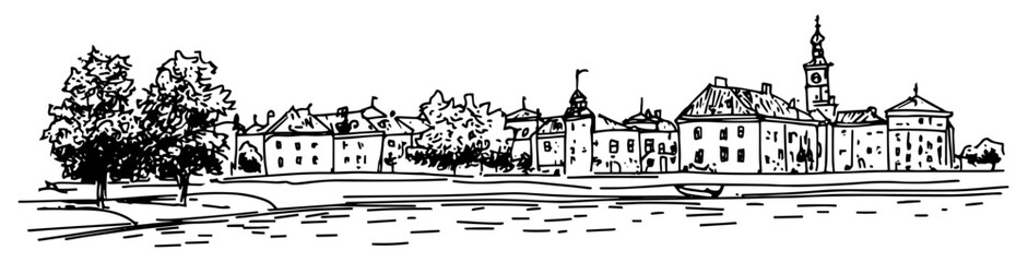 Naklejka premium Old Town in Riga doodle hatching vector sketch