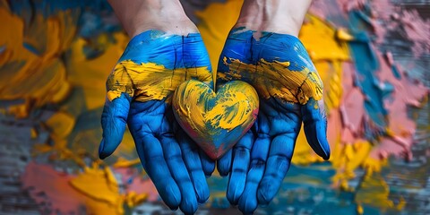 Pray for Ukraine – Hands Holding a Heart with the Ukrainian Flag, Symbolizing Solidarity, Hope, and Support in Times of Crisis