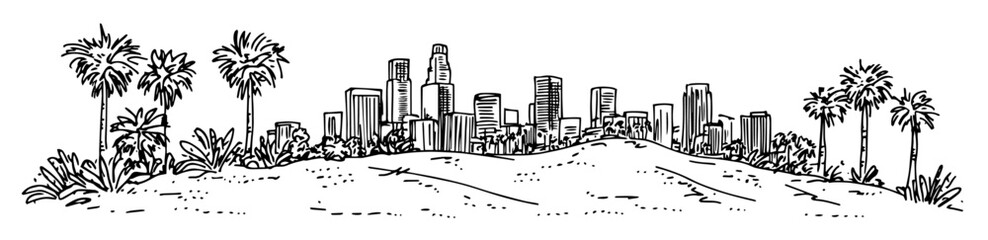skyline of Los Angeles with palm trees and Hollywood Hills doodle hatching vector sketch © Kaz