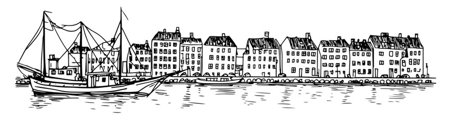 Obraz premium port in Copenhagen with Nyhavn houses doodle hatching vector sketch