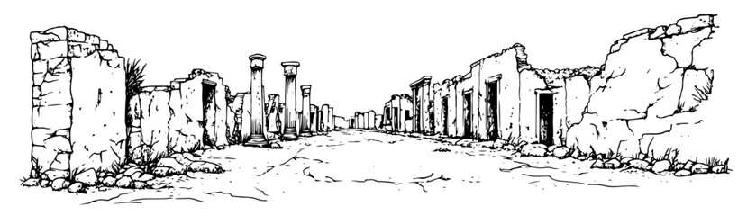 Obraz premium ancient Roman street in Pompeii with ruins doodle hatching vector sketch
