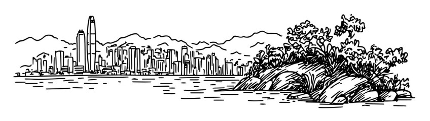 panoramic night view of Hong Kong doodle hatching vector sketch