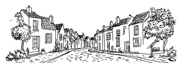 cobbled street in Bruges with houses featuring stepped gables doodle hatching vector sketch