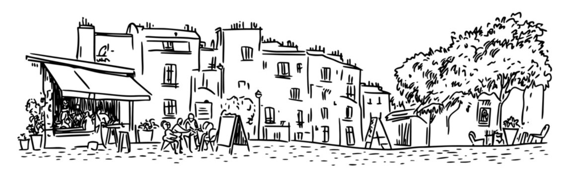 Montmartre in Paris with artists painting portraits doodle hatching vector sketch