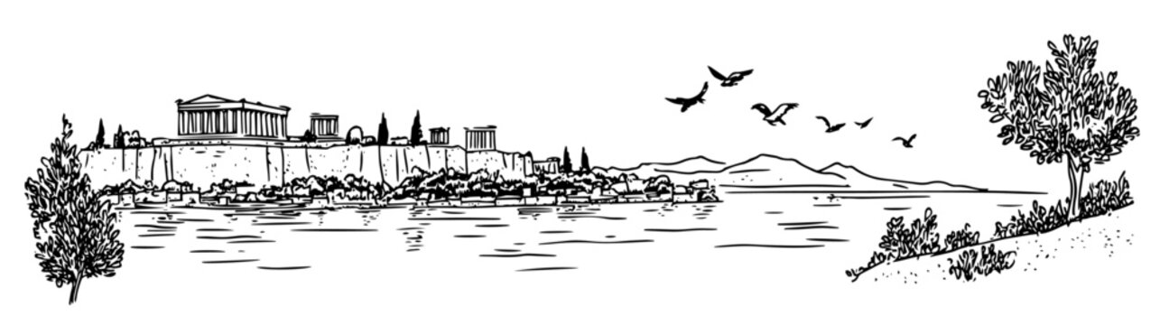 Athens with a view of the Acropolis at sunset doodle hatching vector sketch