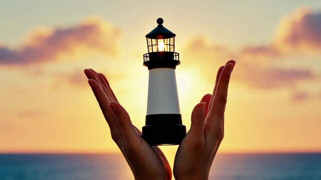 Hands raise a lighthouse against a vibrant ocean sunset sky
