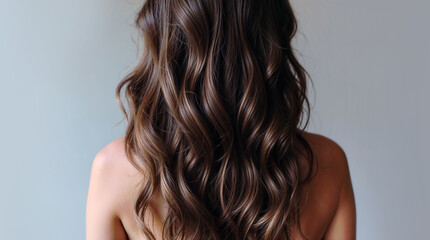 close-up portrait of a woman with long brown hair, back view