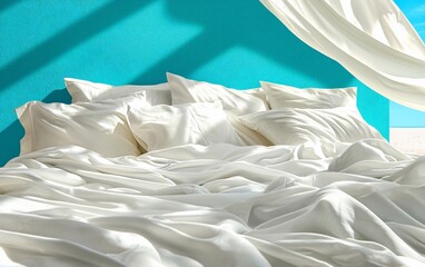 Sunlit bedroom with unmade white bedding, pillows, and sheer curtains.