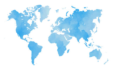 A world map features a watercolor texture in soft blue hues. The design offers a contemporary, artistic representation of global geography. Ideal for various creative projects or educational uses.