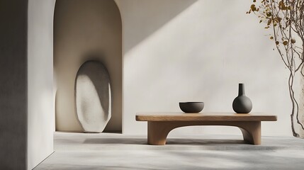 Minimalist interior design featuring a wooden coffee table and neutral decor