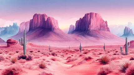 Selbstklebende Fototapeten Surreal pink desert landscape with cacti and mountains at sunset. © wahyu