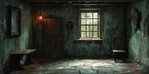 Dimly Lit Room with Vintage Decor and Mysterious Ambiance Featuring Rustic Wooden Furniture and Antique Elements, Set in a Timeworn Interior Space.