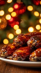 Glazed chicken wings on a plate with Christmas lights in background.