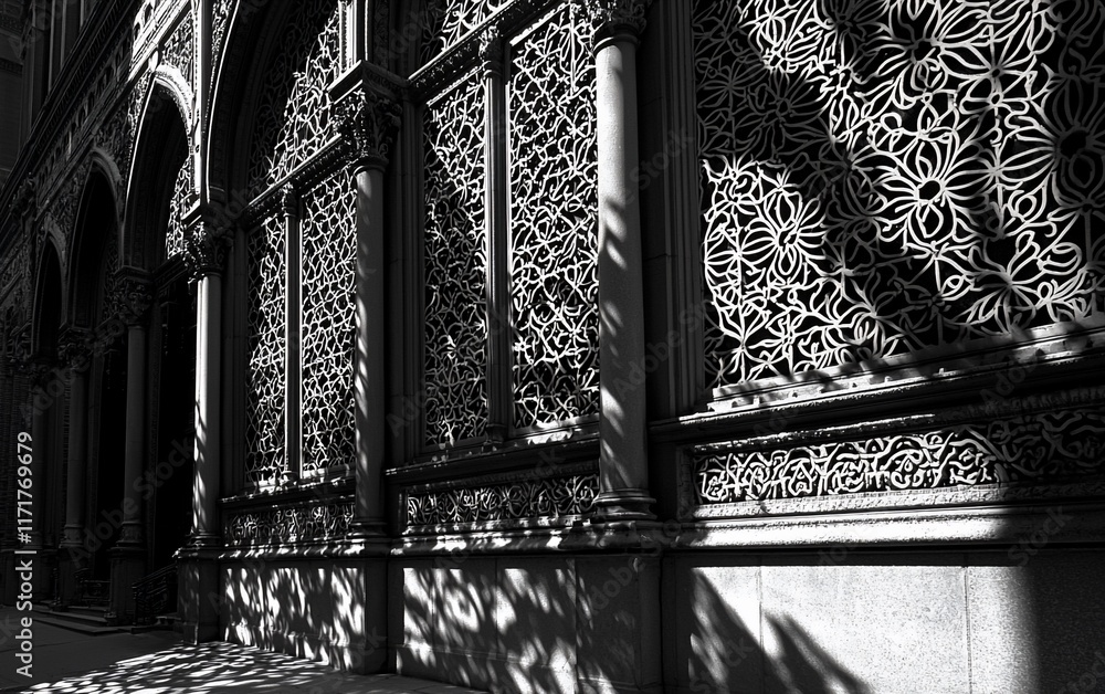 Poster ornate building facade with intricate latticework casting shadows.