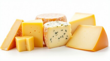 A collection of gourmet cheeses in various styles and types, with rich textures and flavors, isolated on a white background