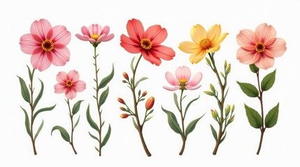 Naklejka premium A collection of spring blossoms in various colors and species, with bright and fresh backgrounds, isolated on a white background