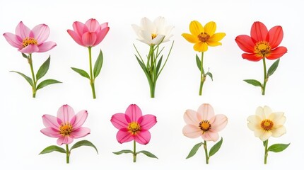 A collection of spring blossoms in various colors and species, with bright and fresh backgrounds, isolated on a white background