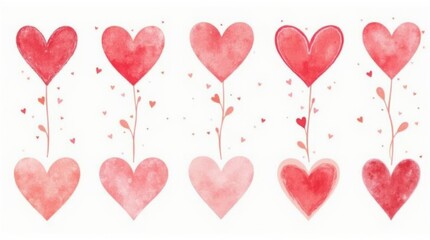 A collection of Valentine's Day hearts in various styles and colors, with romantic backgrounds, isolated on a white background