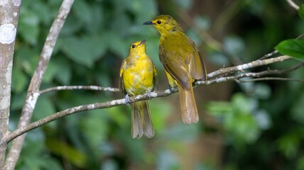 Two yellow birds perched on a branch