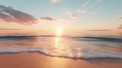 Naklejka premium Serene Beach Sunset with Gentle Waves and Soft Clouds, Perfect for Travel Ads, Nature Wallpapers, Relaxation Themes, Coastal Decor, and Peaceful Landscape Art