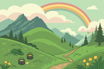 Make a wallpaper about Saint Patrick's Day in a mountain view in a fantasy world © Manik Mia