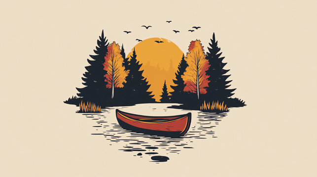 A stylized illustration of a red canoe floating on a calm lake with autumn trees and a warm golden sun in a vintage nature landscape

