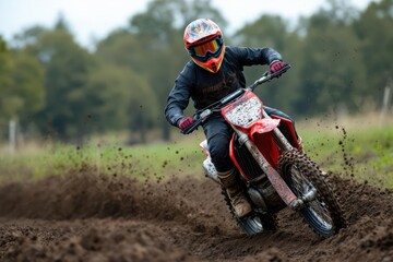 Young male motocross rider racing through mud track