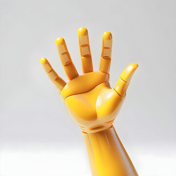Palma de uma m&atilde;o de pl&aacute;stico 3d aberta visto de perto. M&atilde;o artificial de um boneco de pl&aacute;stico em fundo cinza. Sinal de pare, aten&ccedil;&atilde;o ou ol&aacute;/tchau