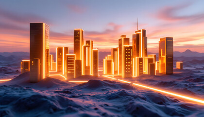 Fototapeta premium Futuristic Cityscape at Sunset: Neon Glow in a Desert Oasis