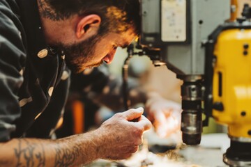 Close up of man working with a drill press
