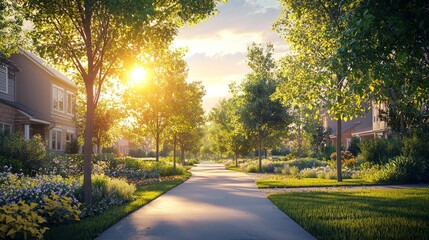 Obraz premium Serene Pathway Through a Lush Suburban Landscape