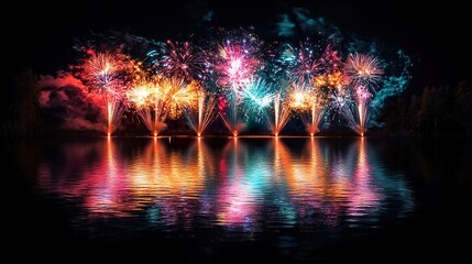 A burst of fireworks reflected in a calm body of water, creating a mirror image of vibrant colors