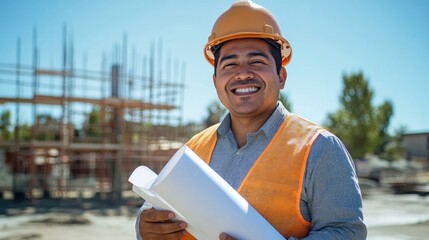 Happy construction worker smiling, holding blueprints at a construction site.