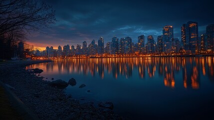 Fototapeta premium City Skyline Reflected in Water at Dusk