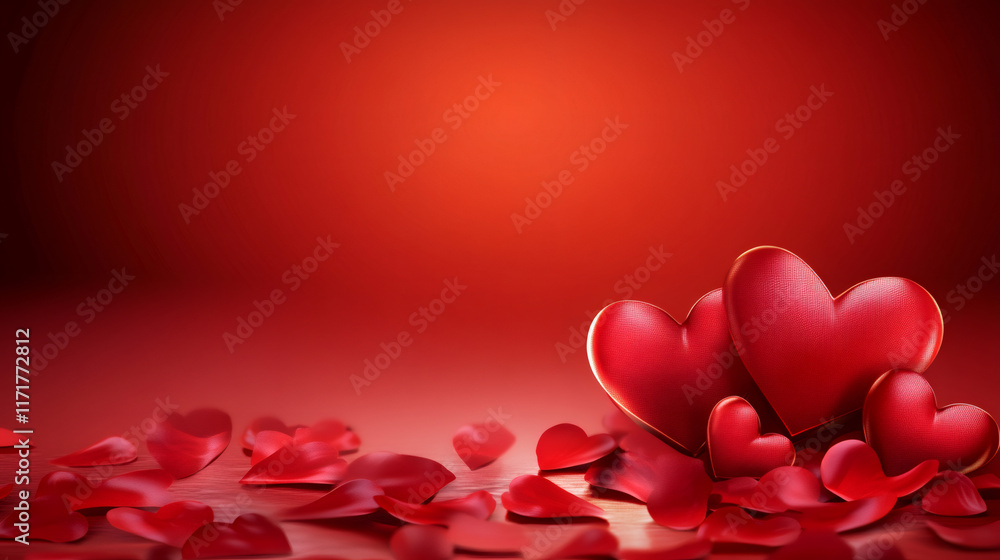 Poster shiny hearts and petals lying on red surface creating a romantic valentine's day atmosphere