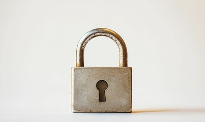 Fototapeta premium Aged metal padlock, keyhole visible, sits on white.