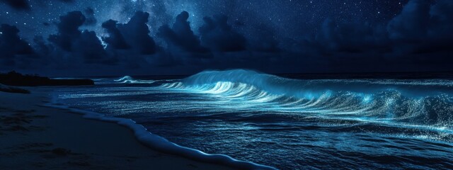 A mystical view of the bioluminescent waves in Vaadhoo Island, Maldives, Marine scene