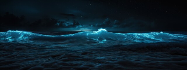 Fototapeta premium A mystical view of the bioluminescent waves in Vaadhoo Island, Maldives, Marine scene