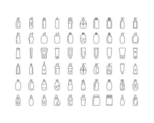 Collection vector icons of beauty, cosmetics and care. Bottle, jar, shower gel, face cream, body lotion, spray, ointment, paste.