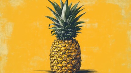Vibrant Yellow Background Showcasing a Detailed Pineapple Illustration with Green Leaves in a Striking Art Style Capturing Tropical Fruit Essence