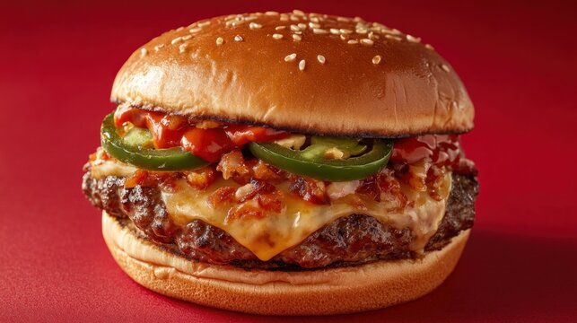 Juicy beef burger with melted cheese, crispy bacon, jalape?os, and spicy sauce on a sesame seed bun.