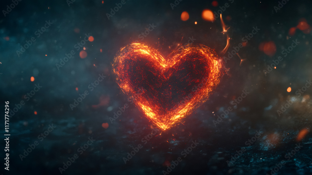 Poster fiery heart sparkling with glowing red particles, symbolizing passionate love against dark shadowy b
