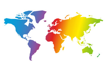 A vibrant world map features a rainbow spectrum gradient, showcasing continental outlines. This colorful representation emphasizes global diversity and creativity.