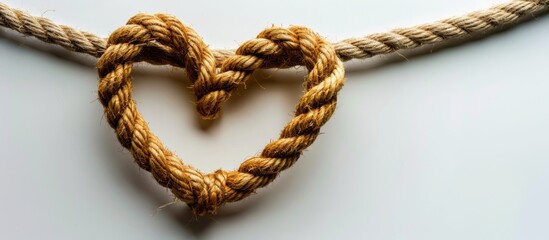 Rope forms a heart shape on a white background. Concept of love and connection. For romantic greeting card design or decoration