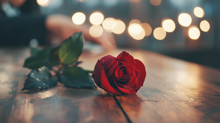 Crimson rose resting on weathered wood surface, soft bokeh illuminating romantic Valentine's mood and tender emotion