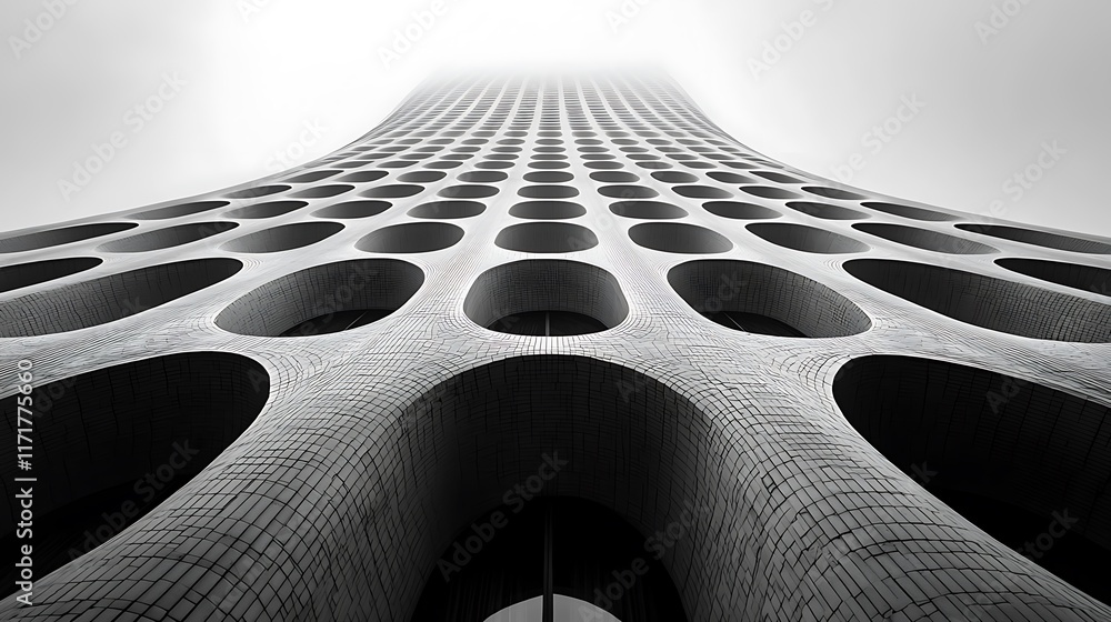 Poster low-angle view of a modern building with a unique facade featuring repeating oval openings, extendin