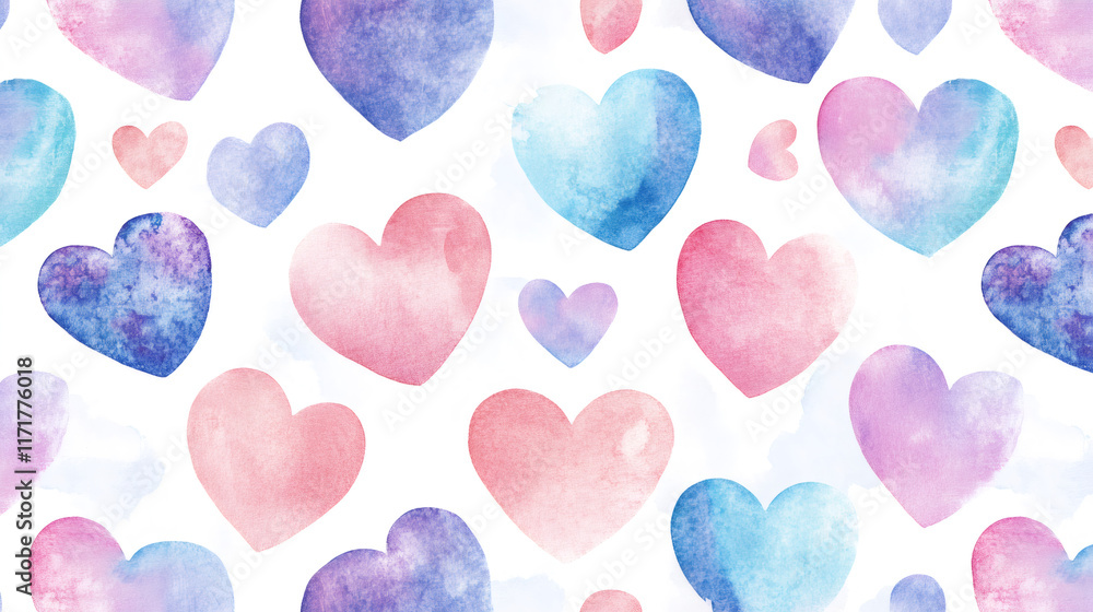 Poster seamless pattern with colorful watercolor hearts on white background, creating a romantic design for