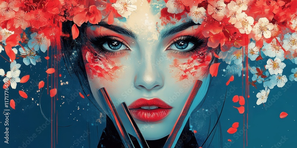 Poster A Captivating Portrait of a Woman in Vibrant Makeup Adorned with Exquisite Floral Headdress and Artistic Red Brush Strokes on Her Pale Face